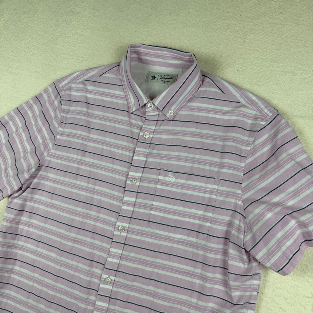 Original Penguin Mens Large Pink Striped Short Sleeve Button Down Shirt Cotton L
